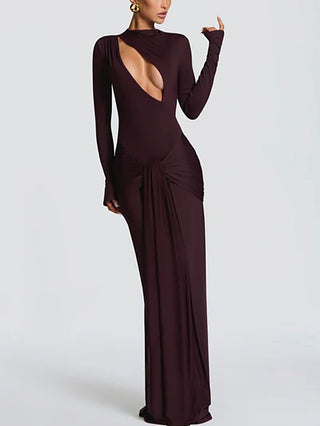 Long Sleeve Cutout Front Draped Black Maxi Gown