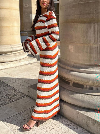 Retro Stripe Knit Long Sleeve Flare Maxi Dress