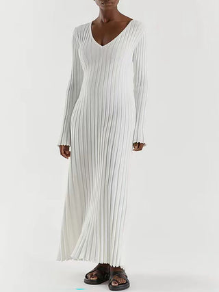 V‑Neck Long Sleeve Ribbed Knit Midi Dress