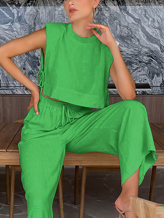 Sleeveless Crop Top Drawstring Wide Leg Pants Set