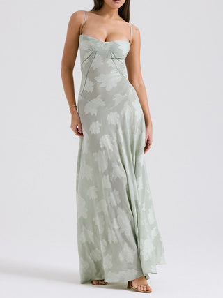 Spaghetti Strap Floral Mesh Lace‑Up Back Maxi Dress