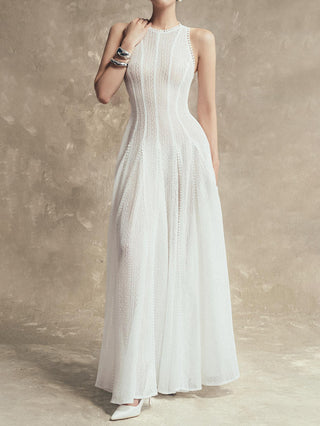 Halter Knit Textured Sleeveless Flowy Maxi Dress