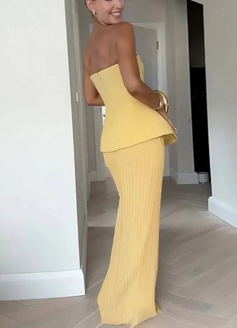 Elegant Strapless Ruffled Top & Fishtail Skirt Set