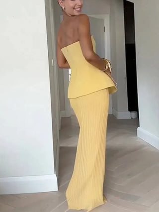 Elegant Strapless Ruffled Top & Fishtail Skirt Set