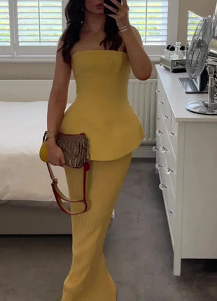 Elegant Strapless Ruffled Top & Fishtail Skirt Set