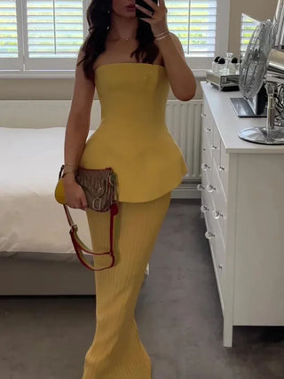Elegant Strapless Ruffled Top & Fishtail Skirt Set