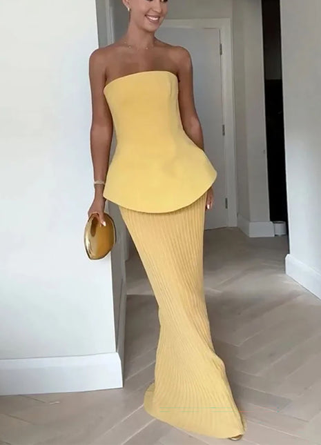 Elegant Strapless Ruffled Top & Fishtail Skirt Set