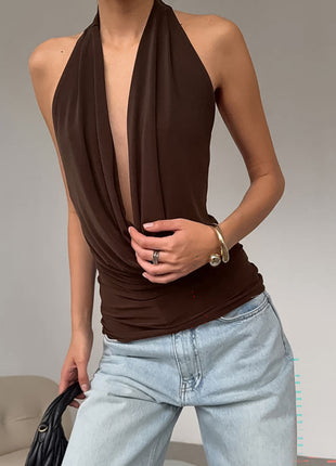 Deep-V Halter-Neck Sleeveless Crop Top