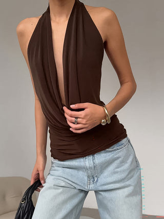 Deep-V Halter-Neck Sleeveless Crop Top