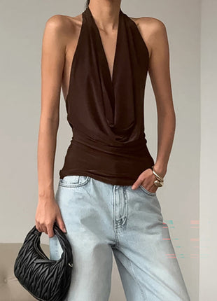 Deep-V Halter-Neck Sleeveless Crop Top