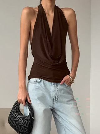 Deep-V Halter-Neck Sleeveless Crop Top