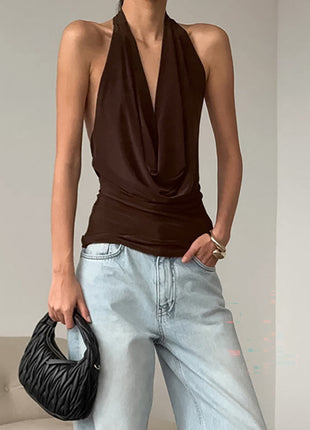 Deep-V Halter-Neck Sleeveless Crop Top