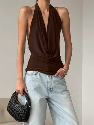 Deep-V Halter-Neck Sleeveless Crop Top