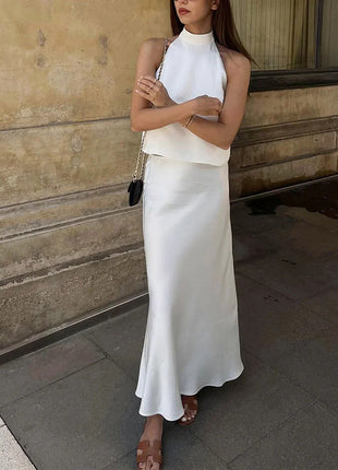Satin Sleeveless Vest & Fishtail Skirt Set