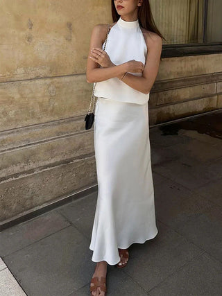 Satin Sleeveless Vest & Fishtail Skirt Set