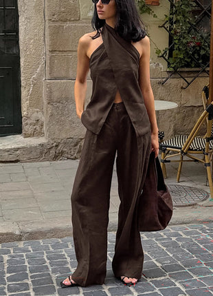 Cotton Casual Backless Tank Top & Wide-Leg Pants Two-Piece Set