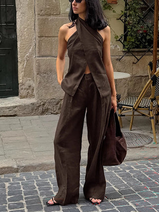 Cotton Casual Backless Tank Top & Wide-Leg Pants Two-Piece Set