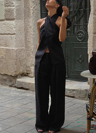 Cotton Casual Backless Tank Top & Wide-Leg Pants Two-Piece Set