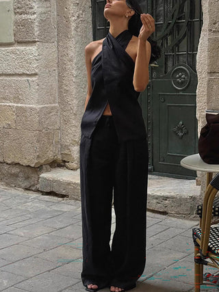 Cotton Casual Backless Tank Top & Wide-Leg Pants Two-Piece Set