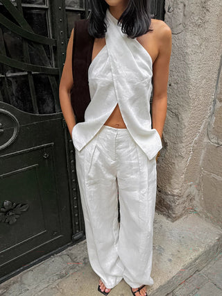 Cotton Casual Backless Tank Top & Wide-Leg Pants Two-Piece Set
