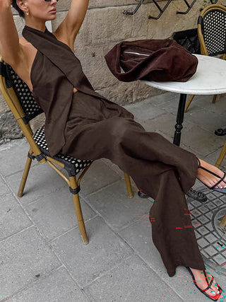 Cotton Casual Backless Tank Top & Wide-Leg Pants Two-Piece Set