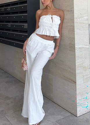 Ruffled & Pleated Tops and Wide-Leg Pants Two-Piece Set