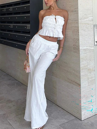 Ruffled & Pleated Tops and Wide-Leg Pants Two-Piece Set
