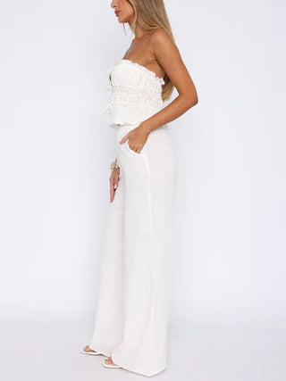 Ruffled & Pleated Tops and Wide-Leg Pants Two-Piece Set