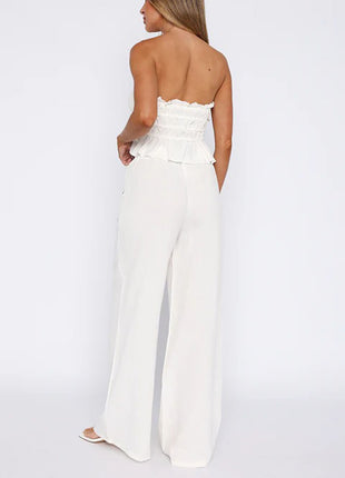 Ruffled & Pleated Tops and Wide-Leg Pants Two-Piece Set