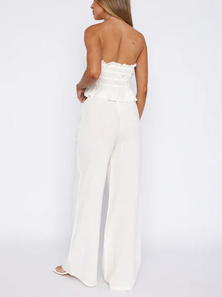 Ruffled & Pleated Tops and Wide-Leg Pants Two-Piece Set