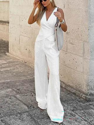 Cotton-V-Neck Vest & Pants Two-Piece Set