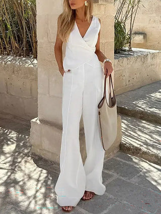 Cotton-V-Neck Vest & Pants Two-Piece Set