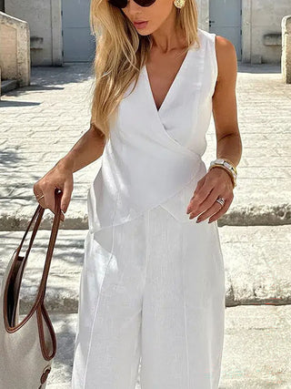 Cotton-V-Neck Vest & Pants Two-Piece Set