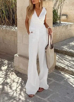 Cotton-V-Neck Vest & Pants Two-Piece Set