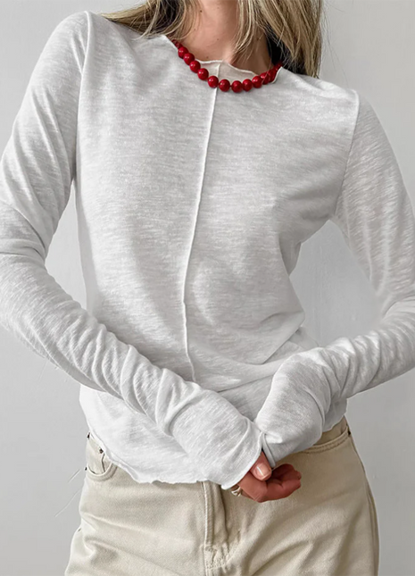 Solid-Color Crew Neck Long-Sleeve Pullover T-Shirt