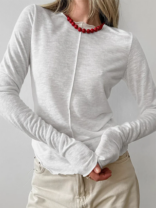 Solid-Color Crew Neck Long-Sleeve Pullover T-Shirt