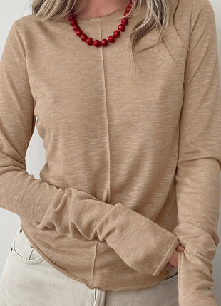 Solid-Color Crew Neck Long-Sleeve Pullover T-Shirt