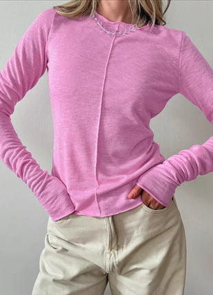 Solid-Color Crew Neck Long-Sleeve Pullover T-Shirt