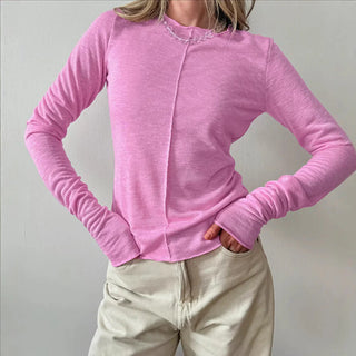 Solid-Color Crew Neck Long-Sleeve Pullover T-Shirt