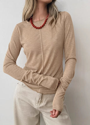 Solid-Color Crew Neck Long-Sleeve Pullover T-Shirt