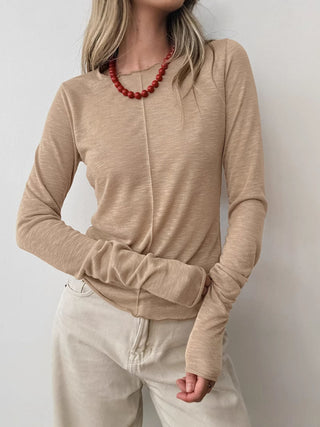 Solid-Color Crew Neck Long-Sleeve Pullover T-Shirt