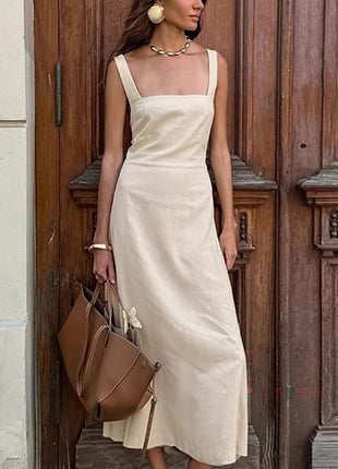 Cotton-Linen Backless Spaghetti-Strap Dress