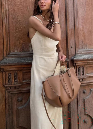 Cotton-Linen Backless Spaghetti-Strap Dress