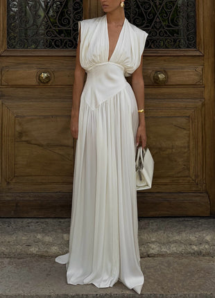 Deep V Satin High Slit Pleated Maxi Dress