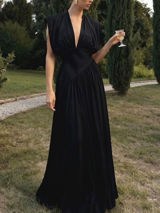 Deep V Satin High Slit Pleated Maxi Dress