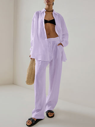 Loose Cotton Blouse Wide Leg Pants Two Piece Set