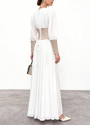 Deep V Mesh Cuff Flowy Maxi Dress With Corset