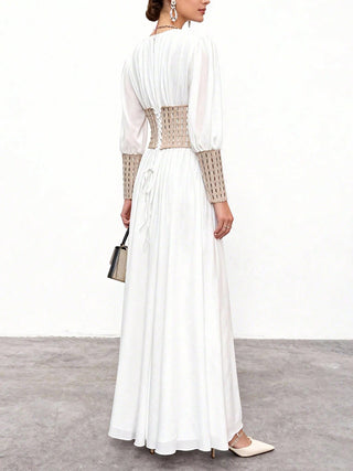 Deep V Mesh Cuff Flowy Maxi Dress With Corset