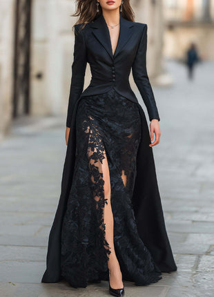 Blazer Top High Slit Lace Maxi Evening Gown Two Piece Set