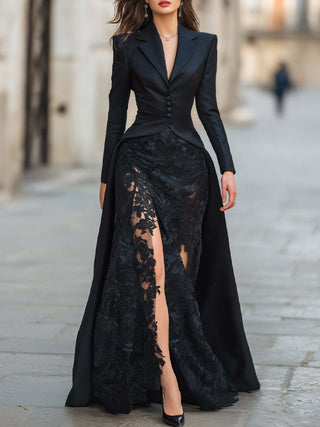 Blazer Top High Slit Lace Maxi Evening Gown Two Piece Set